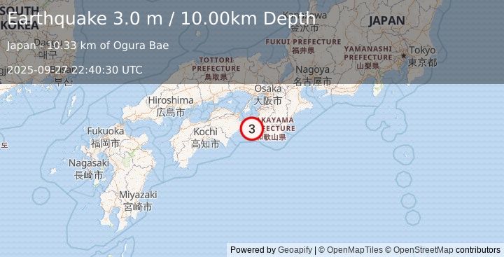 Earthquake NEAR S. COAST OF WESTERN HONSHU (3.0 m) (2025-09-27 22:40:30 UTC)