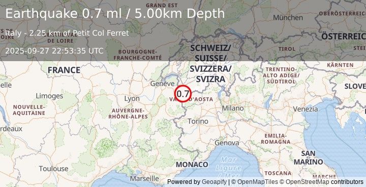 Earthquake NORTHERN ITALY (0.7 ml) (2025-09-27 22:53:35 UTC)