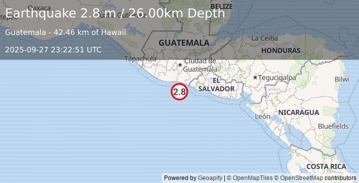 Earthquake OFFSHORE GUATEMALA (2.8 m) (2025-09-27 23:22:51 UTC)