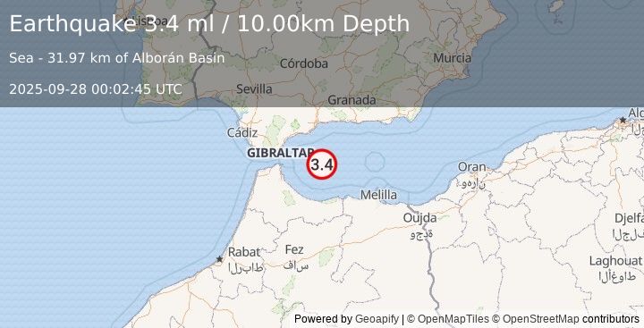 Earthquake STRAIT OF GIBRALTAR (3.6 ml) (2025-09-28 00:02:44 UTC)