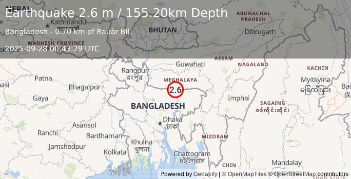 Earthquake MEGHALAYA, INDIA REGION (2.8 m) (2025-09-28 00:43:39 UTC)