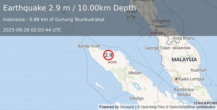Earthquake NORTHERN SUMATRA, INDONESIA (2.9 m) (2025-09-28 02:03:44 UTC)