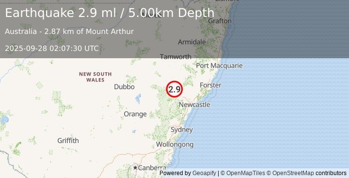 Earthquake NEW SOUTH WALES, AUSTRALIA (2.9 ml) (2025-09-28 02:07:30 UTC)