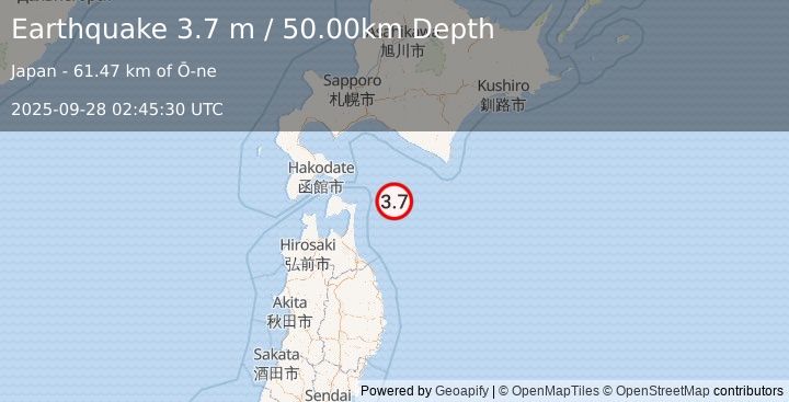Earthquake HOKKAIDO, JAPAN REGION (3.7 m) (2025-09-28 02:45:30 UTC)