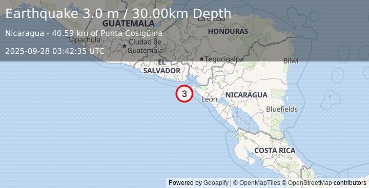 Earthquake NEAR COAST OF NICARAGUA (3.0 m) (2025-09-28 03:42:35 UTC)