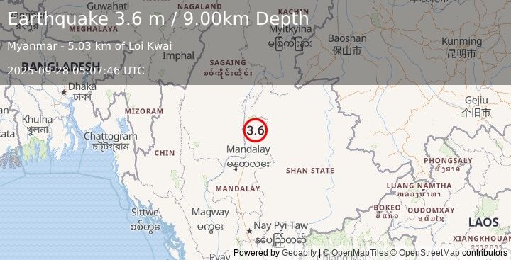 Earthquake MYANMAR (3.6 m) (2025-09-28 05:07:46 UTC)