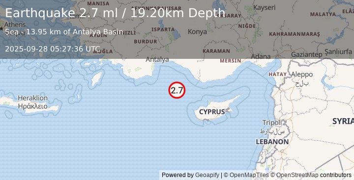 Earthquake CYPRUS REGION (2.7 ml) (2025-09-28 05:27:36 UTC)
