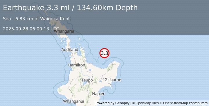 Earthquake OFF E. COAST OF N. ISLAND, N.Z. (3.3 ml) (2025-09-28 06:00:13 UTC)