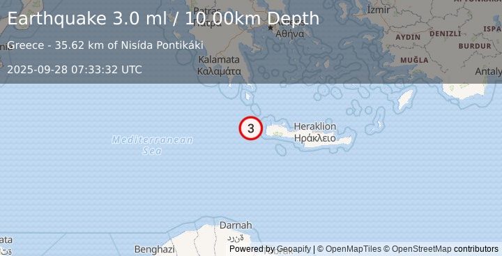 Earthquake CRETE, GREECE (3.0 ml) (2025-09-28 07:33:32 UTC)