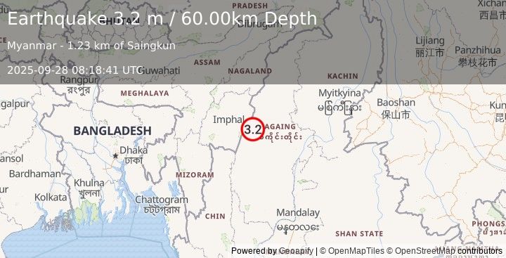 Earthquake MYANMAR-INDIA BORDER REGION (3.2 m) (2025-09-28 08:18:41 UTC)