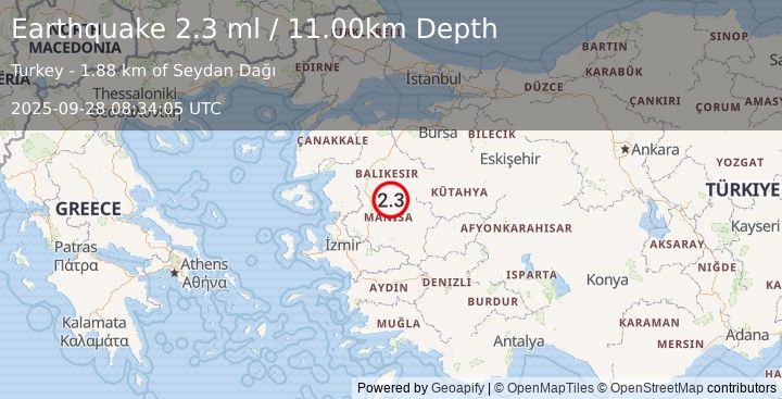 Earthquake WESTERN TURKEY (2.3 ml) (2025-09-28 08:34:05 UTC)