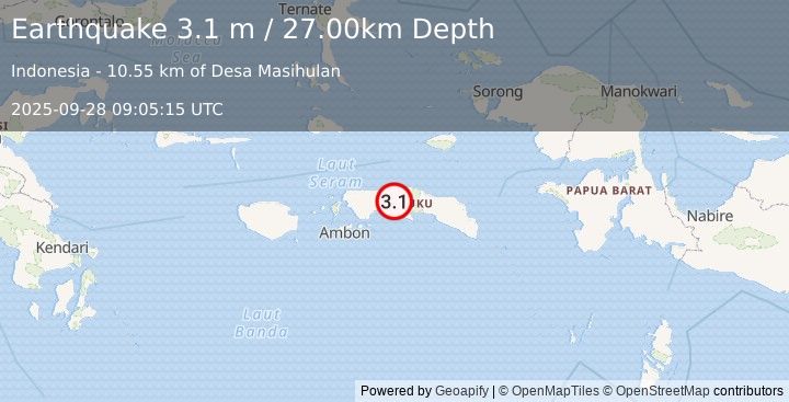 Earthquake SERAM, INDONESIA (3.1 m) (2025-09-28 09:05:15 UTC)
