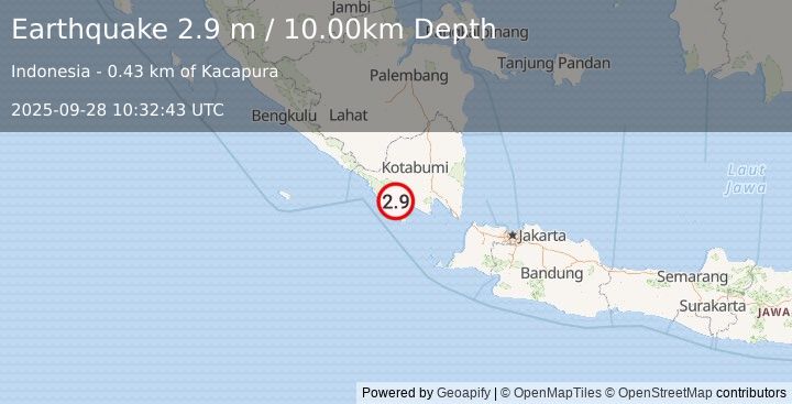 Earthquake SOUTHERN SUMATRA, INDONESIA (2.9 m) (2025-09-28 10:32:43 UTC)