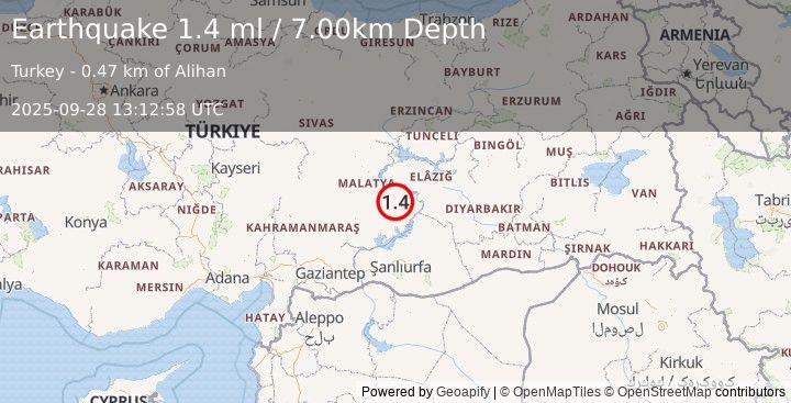 Earthquake EASTERN TURKEY (1.4 ml) (2025-09-28 13:12:58 UTC)