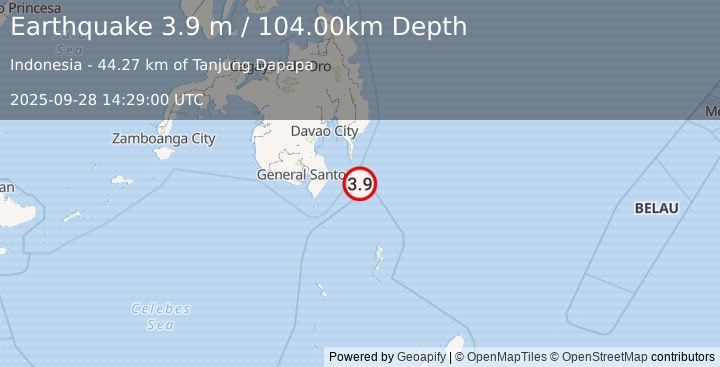 Earthquake MINDANAO, PHILIPPINES (3.9 m) (2025-09-28 14:29:00 UTC)
