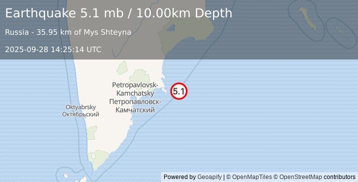 Earthquake NEAR EAST COAST OF KAMCHATKA (4.9 mb) (2025-09-28 14:25:18 UTC)