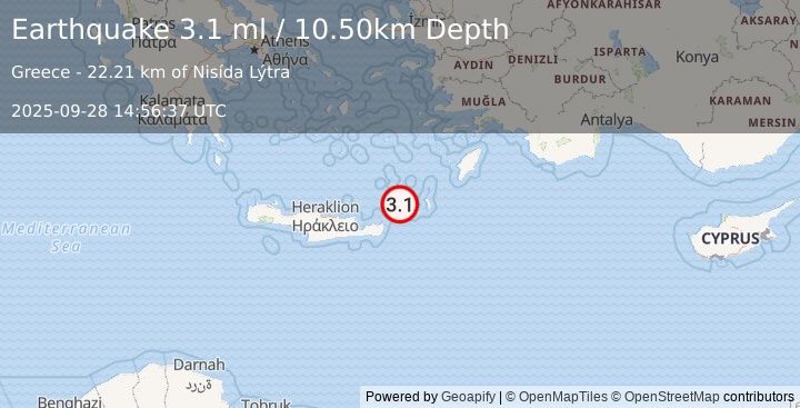Earthquake CRETE, GREECE (3.1 ml) (2025-09-28 14:56:37 UTC)