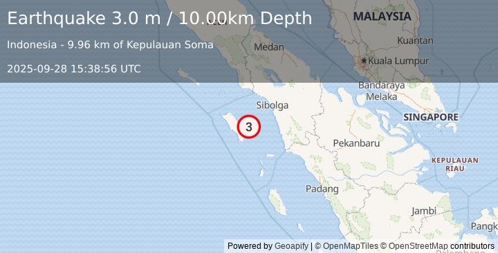Earthquake NORTHERN SUMATRA, INDONESIA (3.0 m) (2025-09-28 15:38:56 UTC)