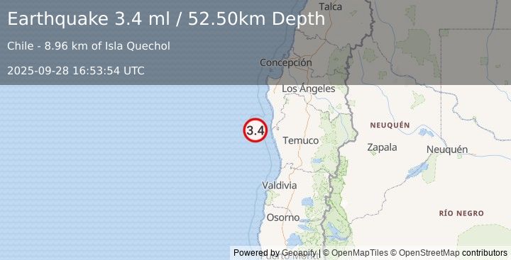 Earthquake OFFSHORE ARAUCANIA, CHILE (3.4 ml) (2025-09-28 16:53:54 UTC)