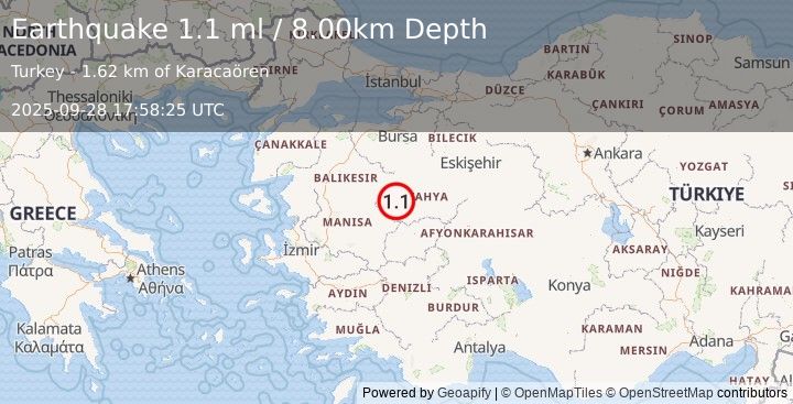 Earthquake WESTERN TURKEY (1.1 ml) (2025-09-28 17:58:25 UTC)