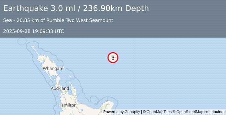 Earthquake OFF E. COAST OF N. ISLAND, N.Z. (3.0 ml) (2025-09-28 19:09:33 UTC)