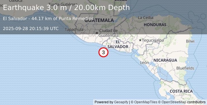 Earthquake OFFSHORE EL SALVADOR (3.0 m) (2025-09-28 20:15:39 UTC)