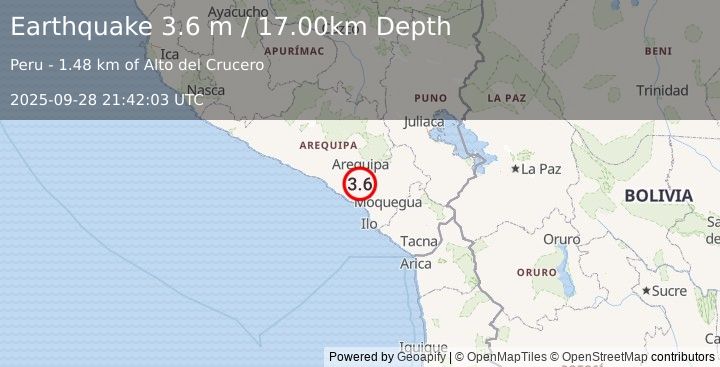 Earthquake SOUTHERN PERU (3.6 m) (2025-09-28 21:42:03 UTC)