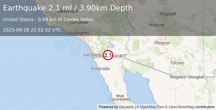Earthquake SOUTHERN CALIFORNIA (2.1 ml) (2025-09-28 22:52:52 UTC)