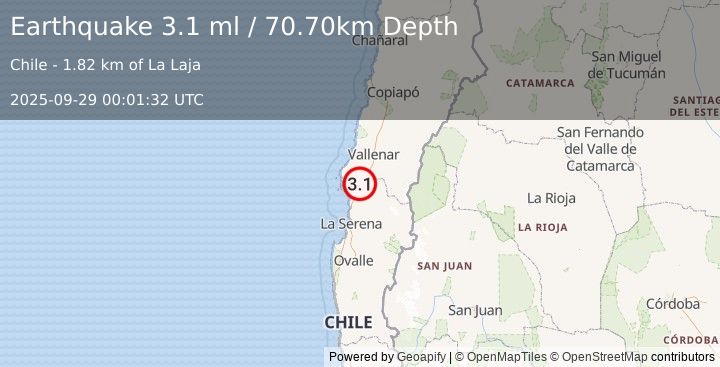Earthquake COQUIMBO, CHILE (3.1 ml) (2025-09-29 00:01:32 UTC)