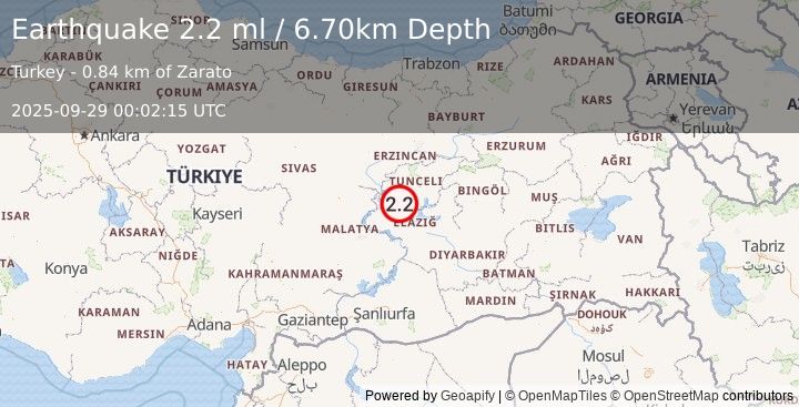 Earthquake EASTERN TURKEY (2.2 ml) (2025-09-29 00:02:15 UTC)