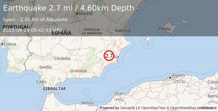 Earthquake SPAIN (2.7 ml) (2025-09-29 00:42:43 UTC)