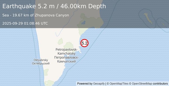 Earthquake NEAR EAST COAST OF KAMCHATKA (5.2 m) (2025-09-29 01:08:46 UTC)