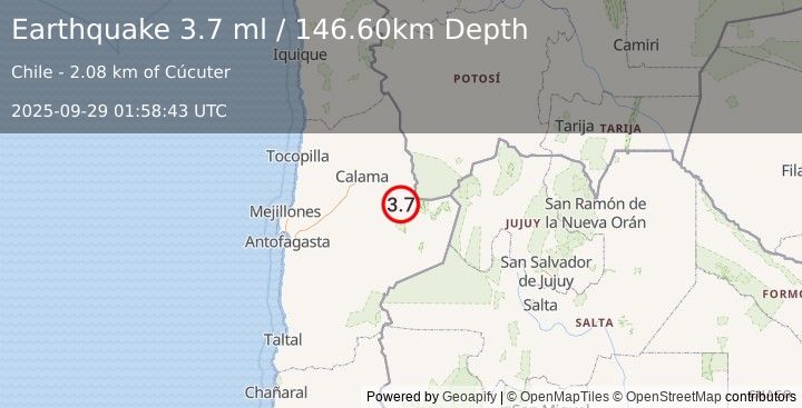 Earthquake ANTOFAGASTA, CHILE (4.1 ml) (2025-09-29 01:58:44 UTC)