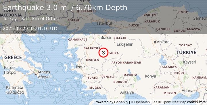 Earthquake WESTERN TURKEY (3.0 ml) (2025-09-29 02:01:16 UTC)