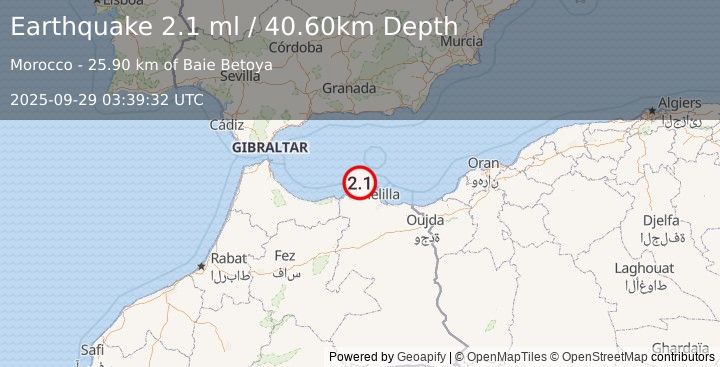 Earthquake STRAIT OF GIBRALTAR (2.1 ml) (2025-09-29 03:39:32 UTC)