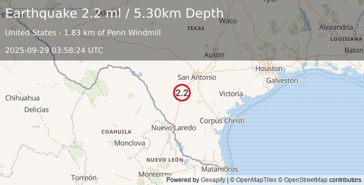 Earthquake SOUTHERN TEXAS (2.2 ml) (2025-09-29 03:58:24 UTC)