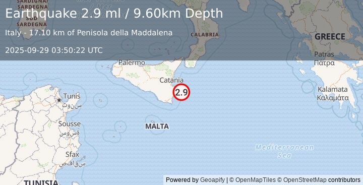 Earthquake SICILY, ITALY (2.9 ml) (2025-09-29 03:50:22 UTC)