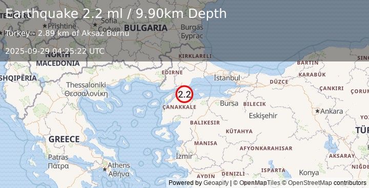 Earthquake WESTERN TURKEY (2.2 ml) (2025-09-29 04:25:22 UTC)