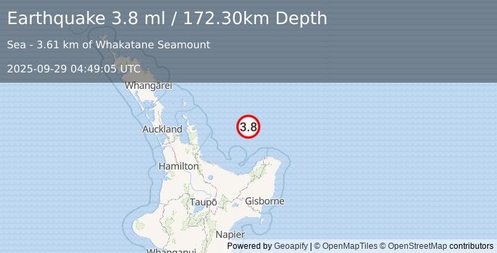 Earthquake OFF E. COAST OF N. ISLAND, N.Z. (3.8 ml) (2025-09-29 04:49:05 UTC)
