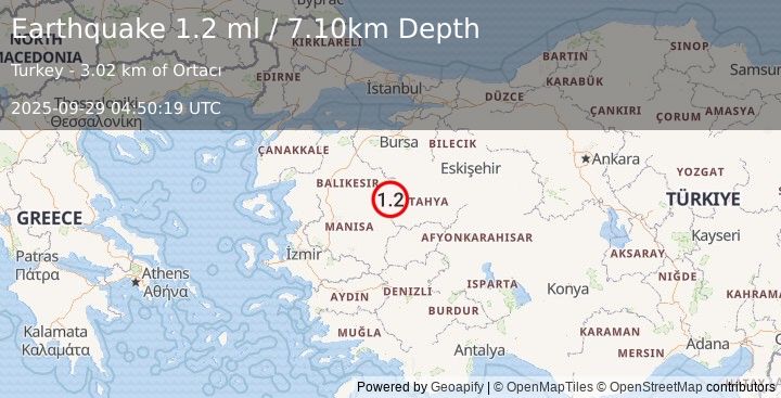Earthquake WESTERN TURKEY (1.2 ml) (2025-09-29 04:50:19 UTC)