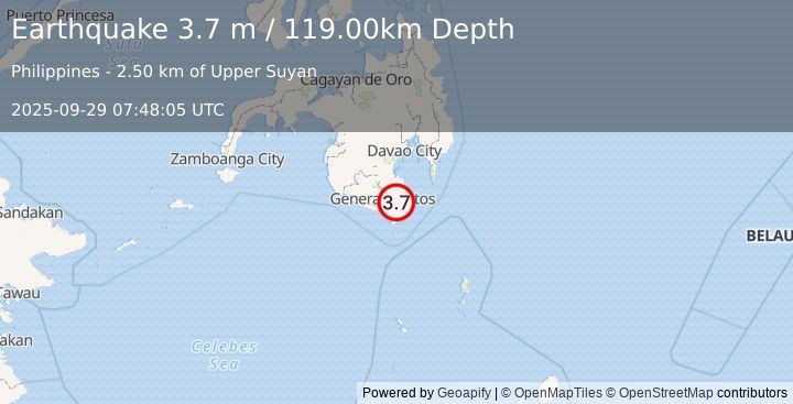 Earthquake MINDANAO, PHILIPPINES (3.7 m) (2025-09-29 07:48:05 UTC)