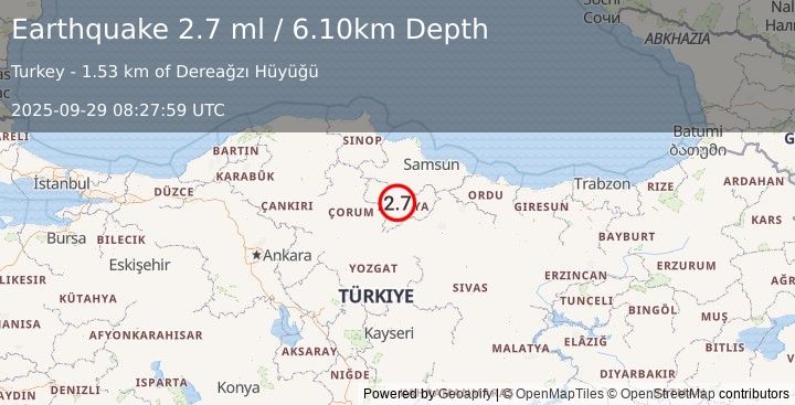 Earthquake CENTRAL TURKEY (2.7 ml) (2025-09-29 08:27:59 UTC)
