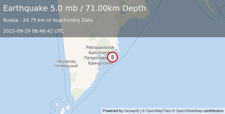 Earthquake OFF EAST COAST OF KAMCHATKA (5.0 mb) (2025-09-29 08:46:42 UTC)