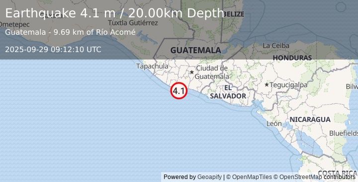 Earthquake OFFSHORE GUATEMALA (4.0 m) (2025-09-29 09:12:11 UTC)