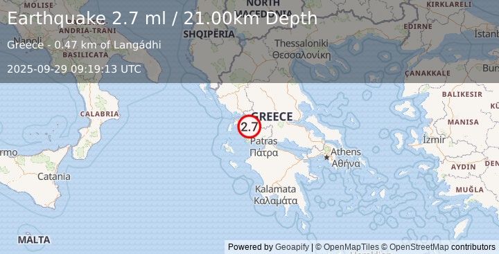 Earthquake GREECE (2.7 ml) (2025-09-29 09:19:13 UTC)