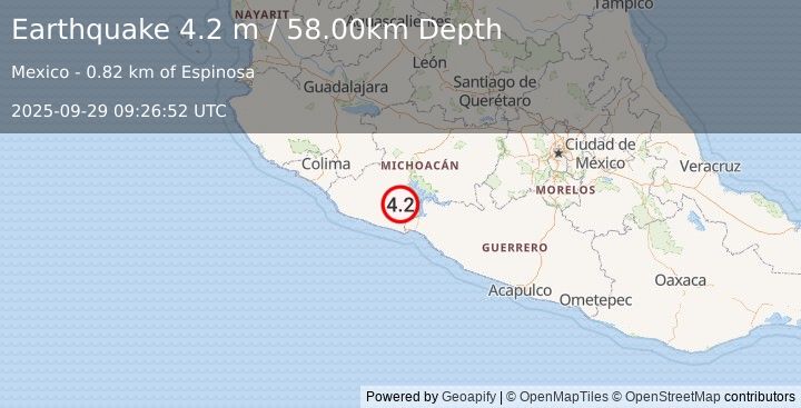 Earthquake MICHOACAN, MEXICO (4.2 m) (2025-09-29 09:26:52 UTC)