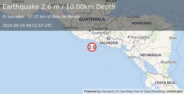 Earthquake OFFSHORE EL SALVADOR (2.6 m) (2025-09-29 09:52:57 UTC)