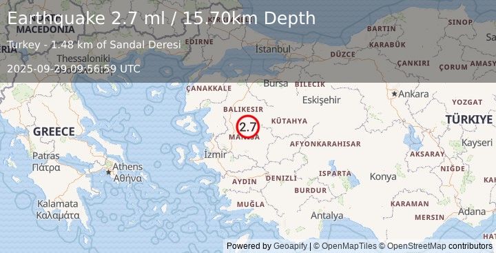 Earthquake WESTERN TURKEY (2.7 ml) (2025-09-29 09:56:59 UTC)