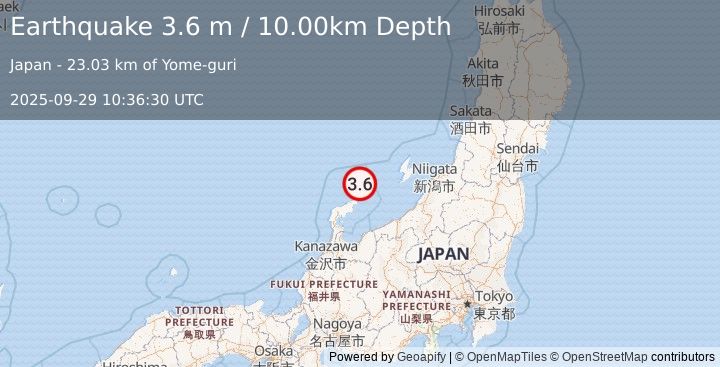 Earthquake NEAR WEST COAST OF HONSHU, JAPAN (3.6 m) (2025-09-29 10:36:30 UTC)