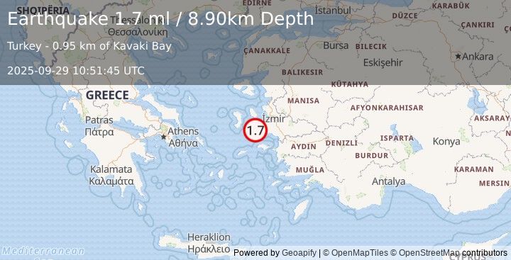Earthquake NEAR THE COAST OF WESTERN TURKEY (1.7 ml) (2025-09-29 10:51:45 UTC)